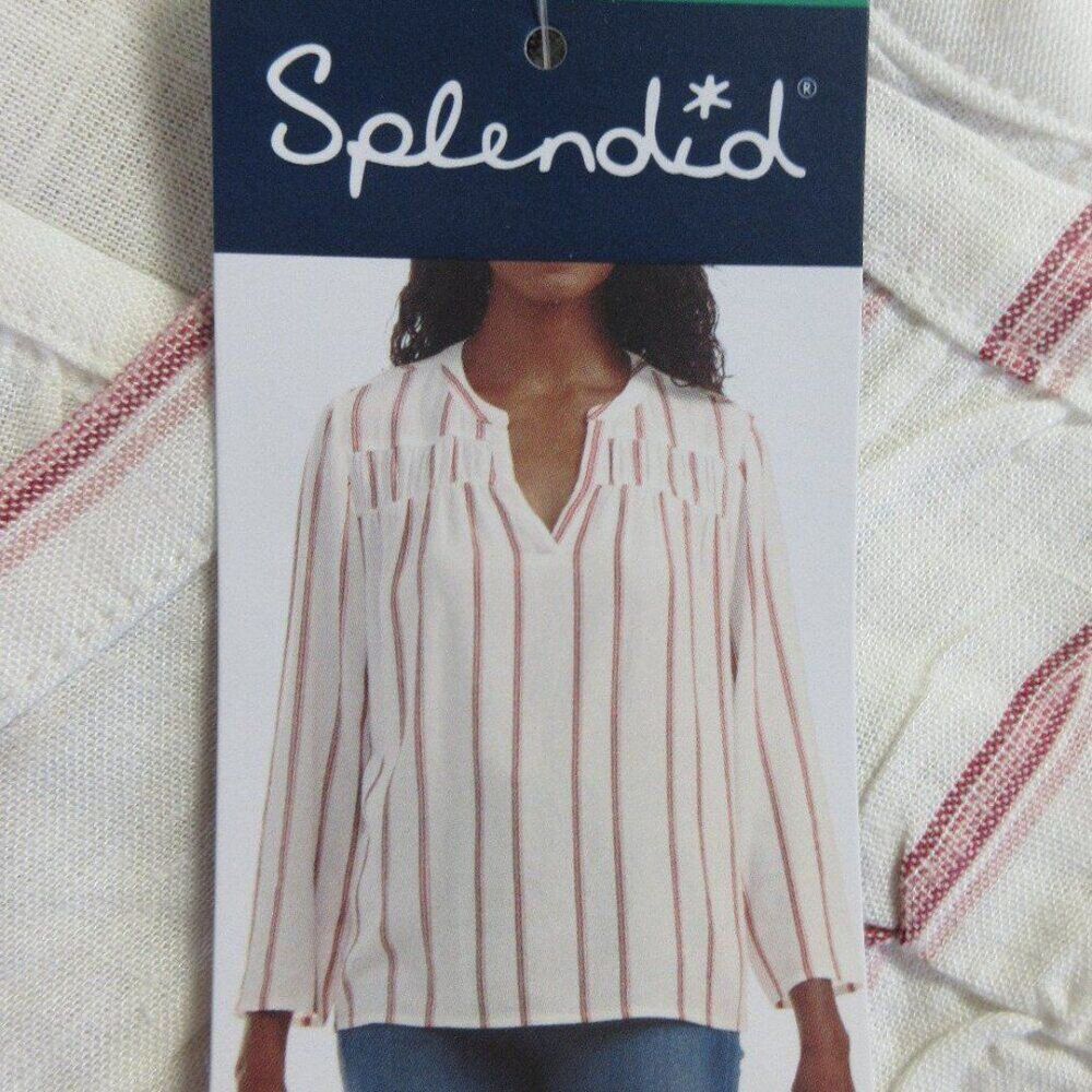 SPLENDID Linen Blend Blouse Womens XL Yoked Red White Strip V Neck Shirt Top NWT